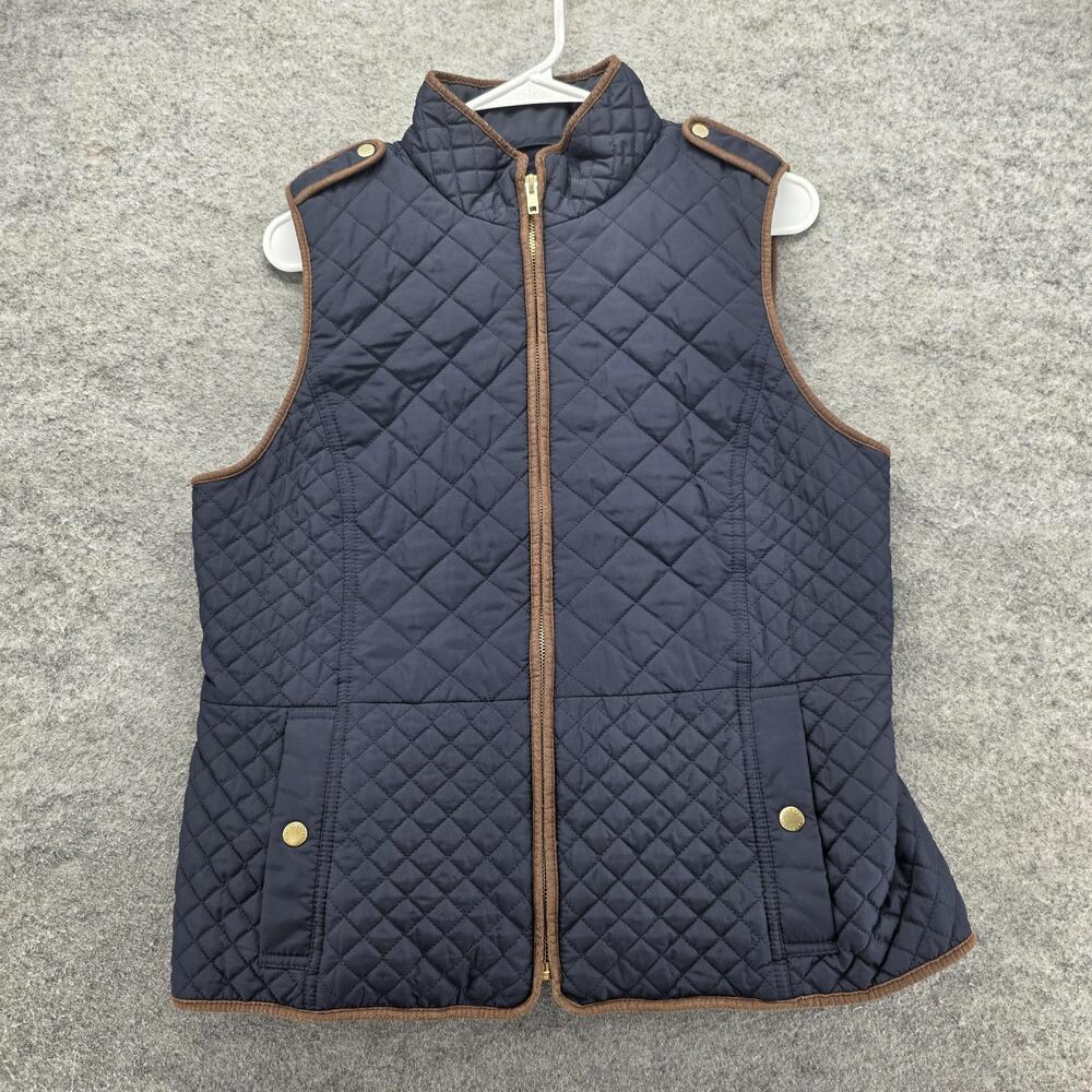 Talbots Vest Womens Medium Navy Blue Quilted Faux Leather Trim Fleece Zip Front